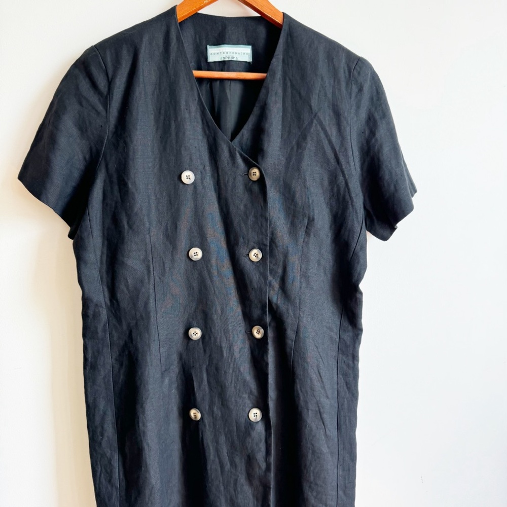 Simons Vintage Contemoraine Black Midi 100% Linen Dress Size 12 Double Buttons - Picture 2 of 11